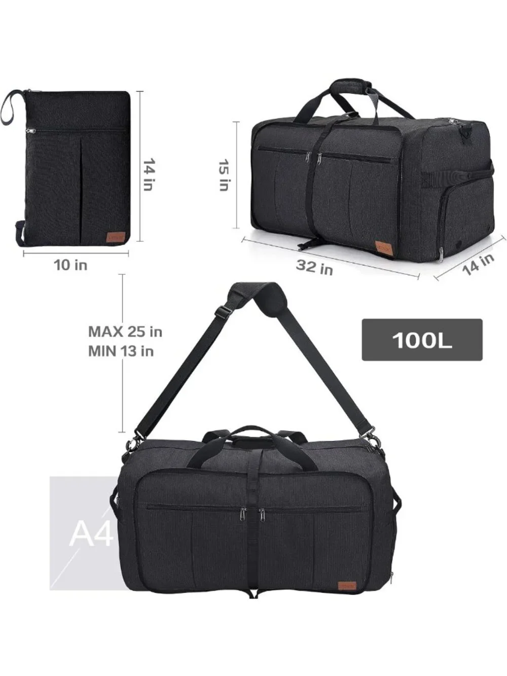 Extra Large 100L Waterproof Foldable Duffle Bag with Shoe Compartment - Gym
